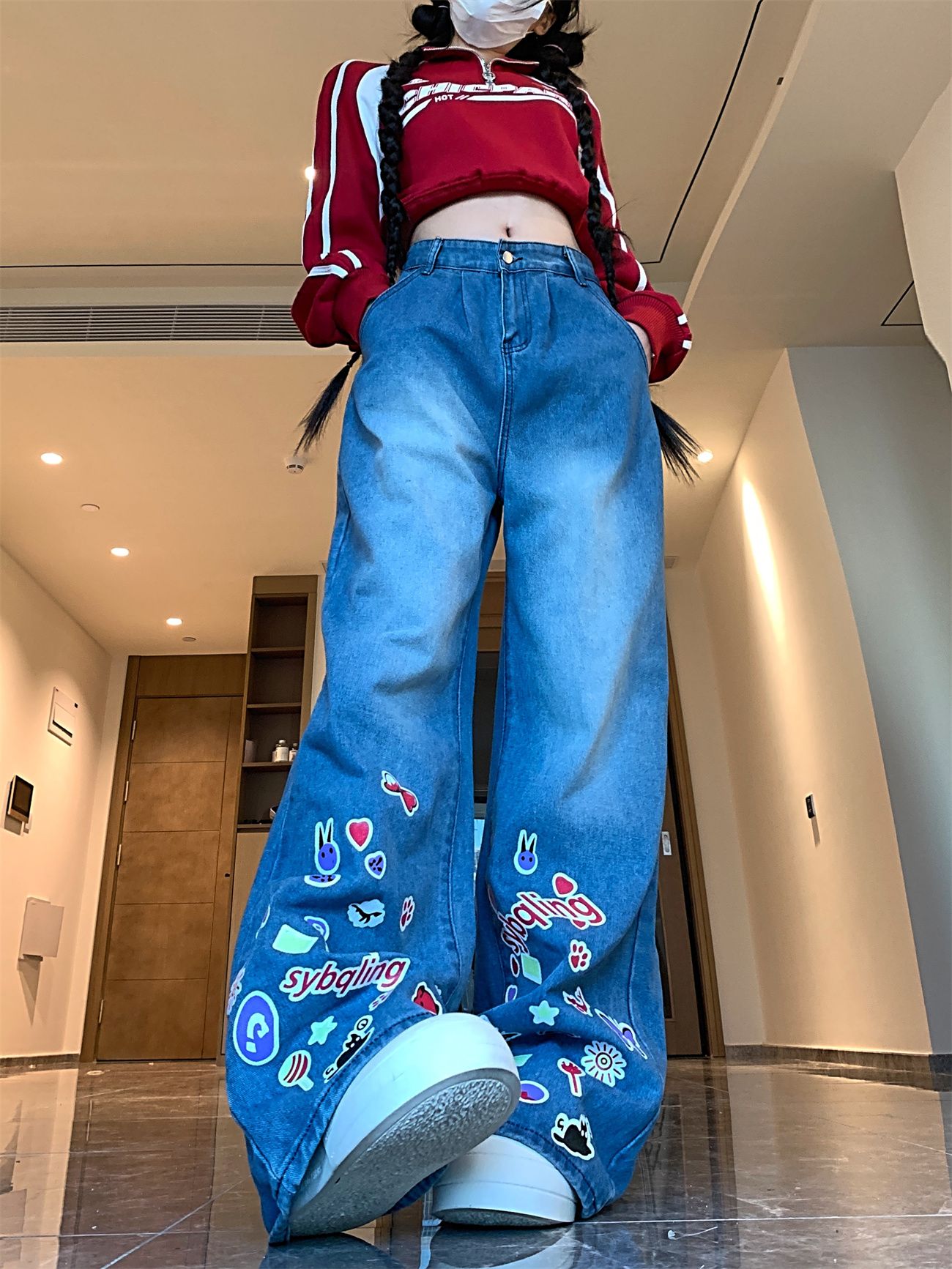 Real shot~ Cartoon graffiti printed jeans for girls with high street hot girls with wide legs and floor trousers