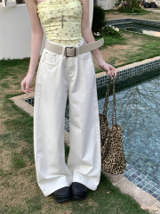 Real photo ~White retro wide-leg jeans for women's new high-waisted slimming draped straight-leg floor trousers