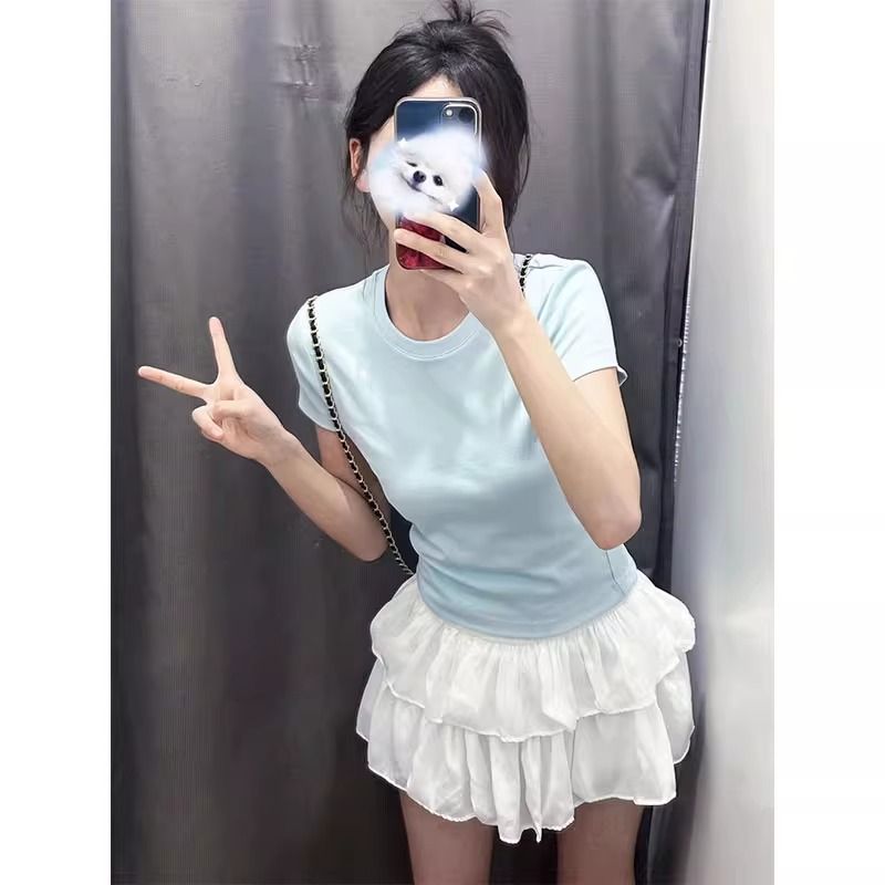 Ocean Blue Spring and Summer Short Sleeve T-shirt for Women 2025 Dopamine Wearing Shoulder Short Small Sweet Spicy Girl Top