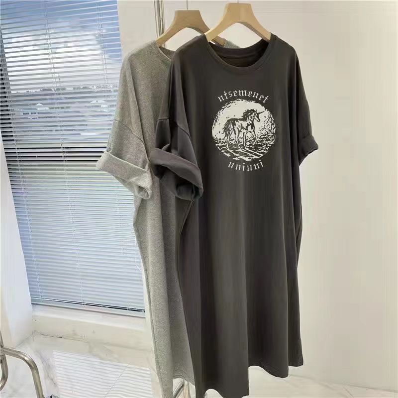 外貿原版夏季中長款開叉T恤連衣裙女包臀韓版大碼寬鬆短袖裙子