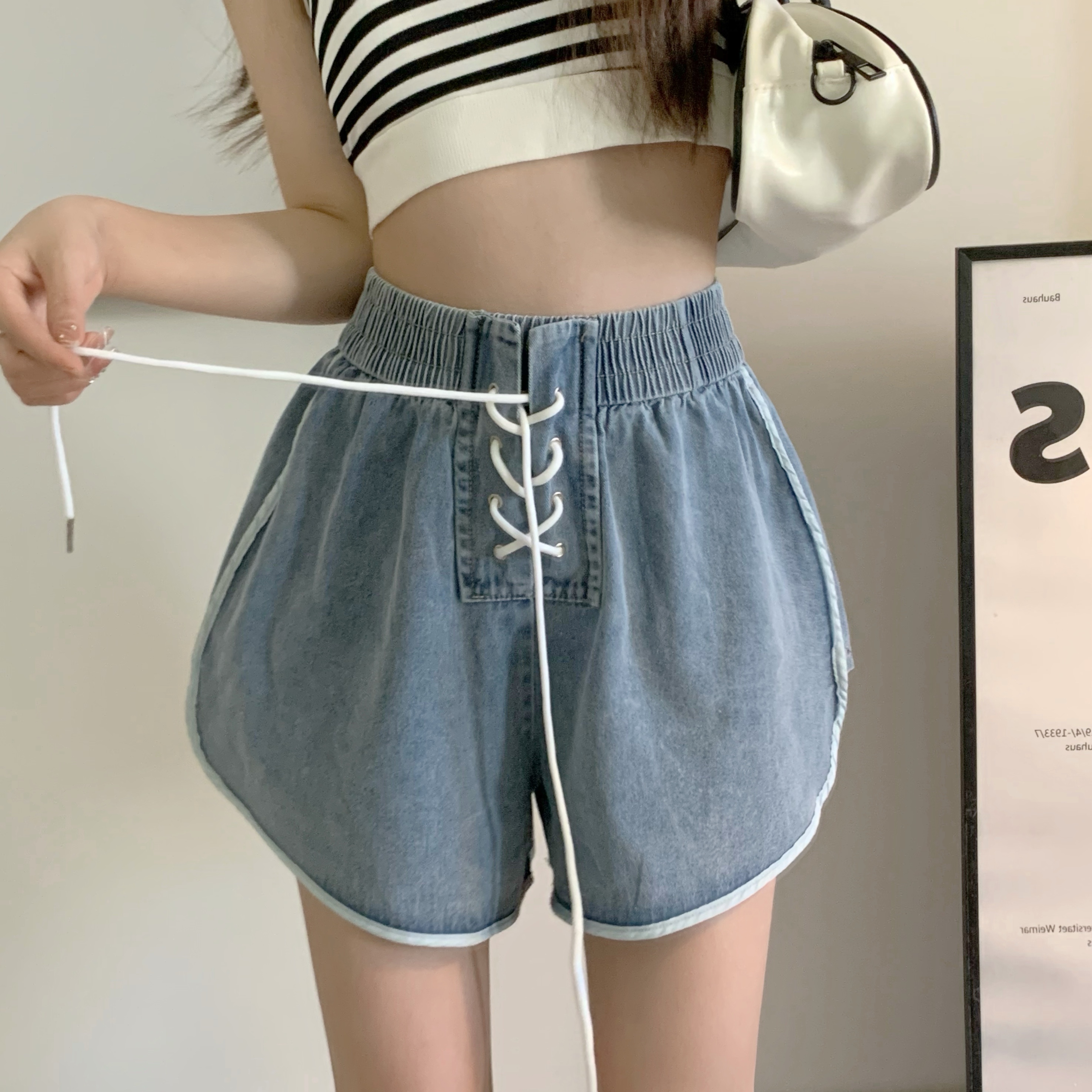 Real shot 2025 autumn and summer elastic high waist tie loose wide-leg contrasting edge strip casual washing cowboy shorts for women