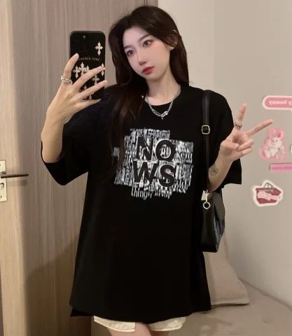 原版外貿足碼短袖t恤女寬鬆韓版ins潮夏季新款中長款半袖上衣潮
