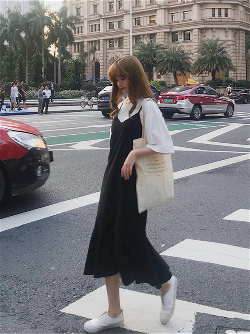 Real shot of fishtail long 2025 spring and summer Korean version pure black suspender skirt sleeveless dress student women