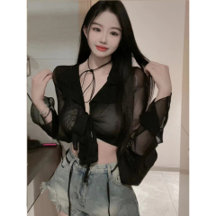 純欲風辣妹性感系帶襯衫女設計感小眾別致獨特絕美短款上衣