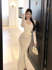 Real shot of sexy pure retro slim sling dress with hip skirt + lace long-sleeved cardigan for women