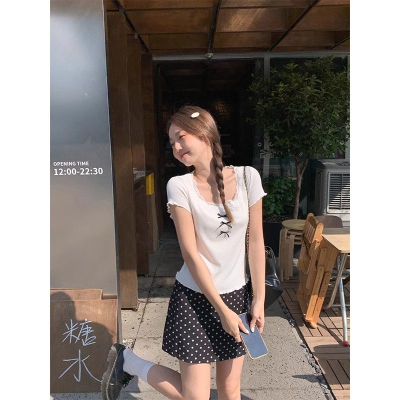 新款芭蕾風蕾絲拼接U領短袖T恤春季女裝蝴蝶結木耳邊上衣