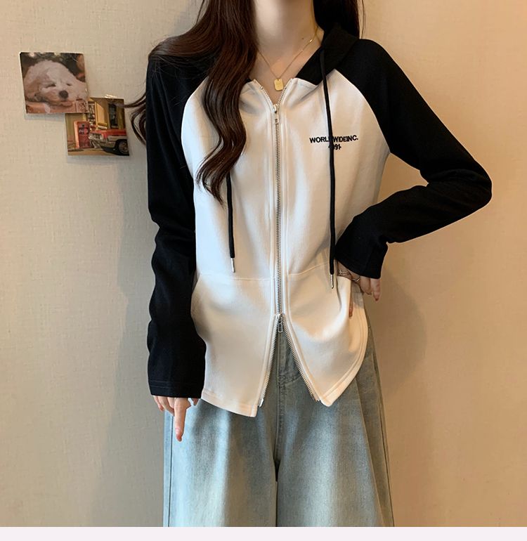 大碼插肩衛衣秋季連帽雙拉鏈新款美式復古外套設計感女裝長袖上衣