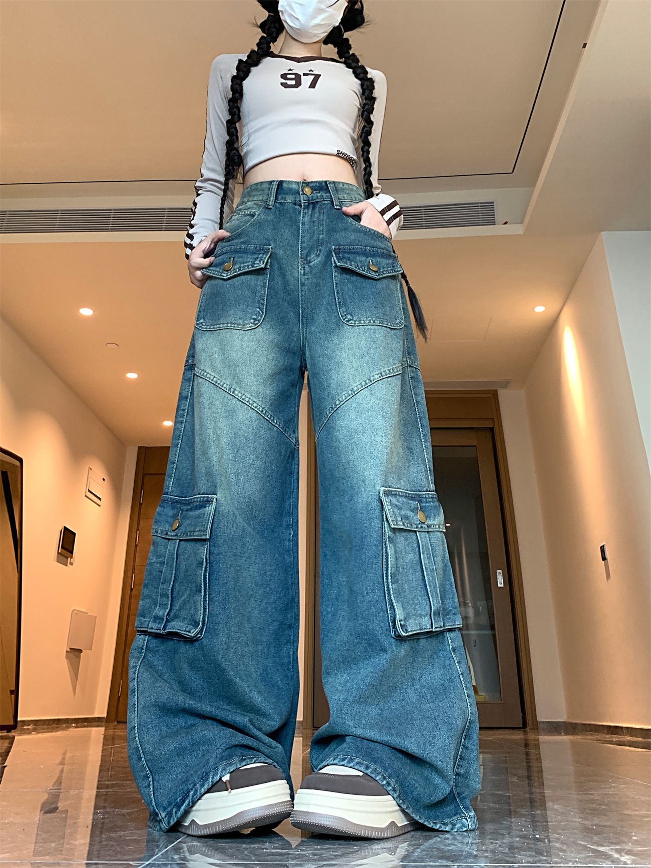 Real photo~Multi-pocket work jeans for women's new loose and slim straight-leg mopping trousers