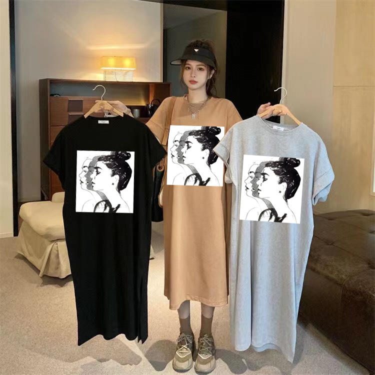 外貿原版夏季中長款開叉T恤連衣裙女包臀韓版大碼寬鬆短袖裙子