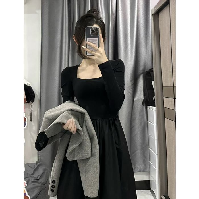 韓系小個子穿搭兩件套復古短款灰色外套女內搭顯瘦針織拼接連衣裙