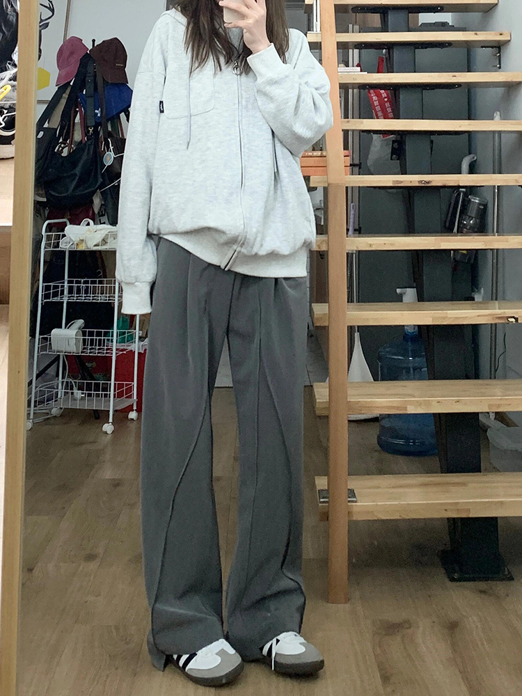 西裝腰頭#灰色西裝褲女2025早春新款高腰寬鬆顯瘦闊腿休閒