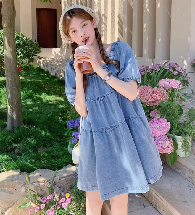 2025 summer wear age-reducing puff sleeve retro loose casual short-sleeved doll denim dress S-5XL200 jin