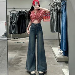 復古高腰闊腿褲牛仔褲2025年秋季新款做舊百搭寬鬆直筒顯瘦闊腿褲
