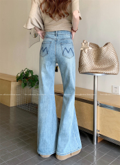 Real shot ~ Spring retro embroidered jeans for women with high waist slimming straight wide-leg floor trousers