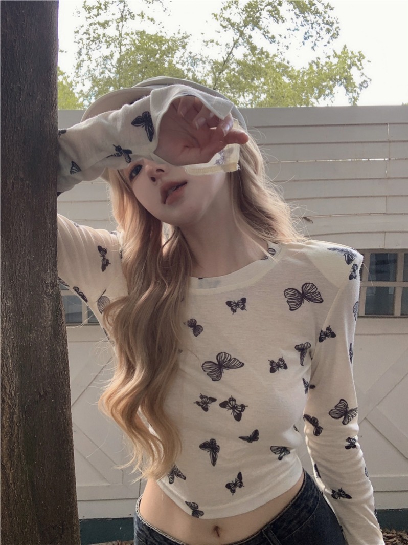 Real-life butterfly anti-sighted T-shirt for women's new slim short long-sleeved base top