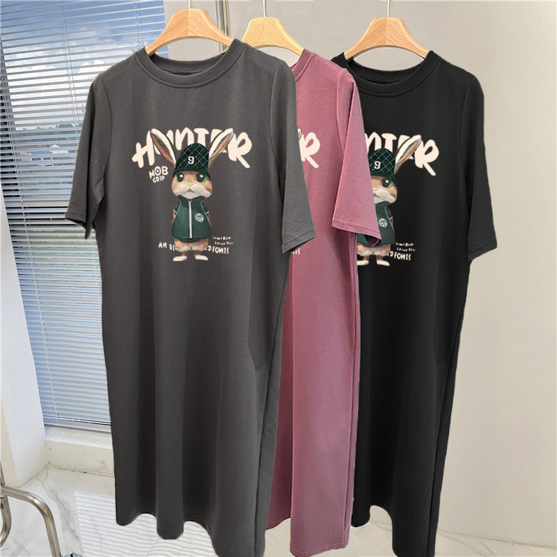 South Korea's short-sleeved T-shirt skirt for women with long hips for summer fat mm large size loose slim slit dress