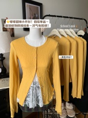 Real photo of yellow knitted cardigan early autumn new thin slim and fashionable Korean sun protection long-sleeved top jacket