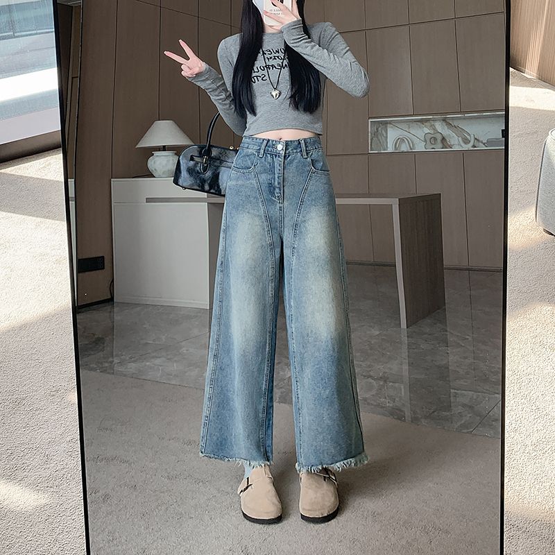 Real shot~Weared scimitar jeans for women with high waist straight wide legs banana sickle pants