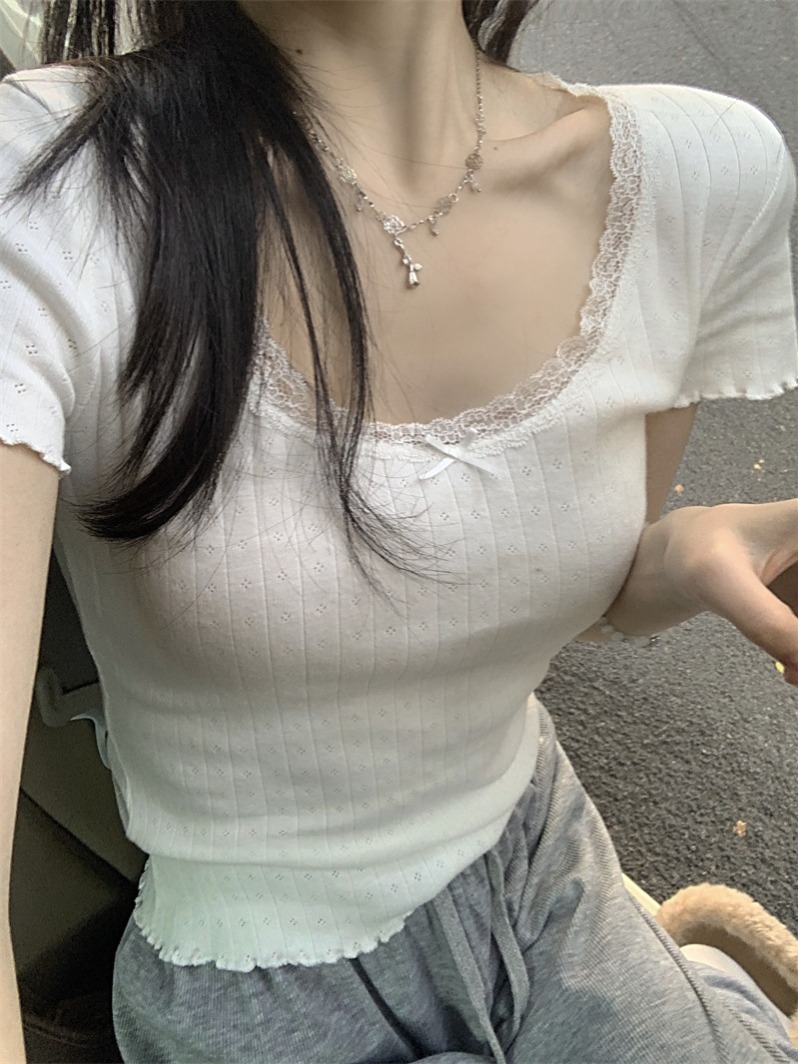 白色純欲甜美蕾絲修身顯瘦打底女夏季正肩短款內搭短袖T恤上衣