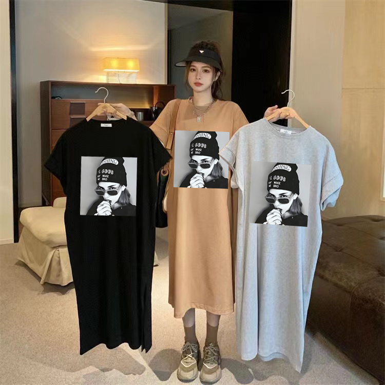 外貿原版夏季中長款開叉T恤連衣裙女包臀韓版大碼寬鬆短袖裙子