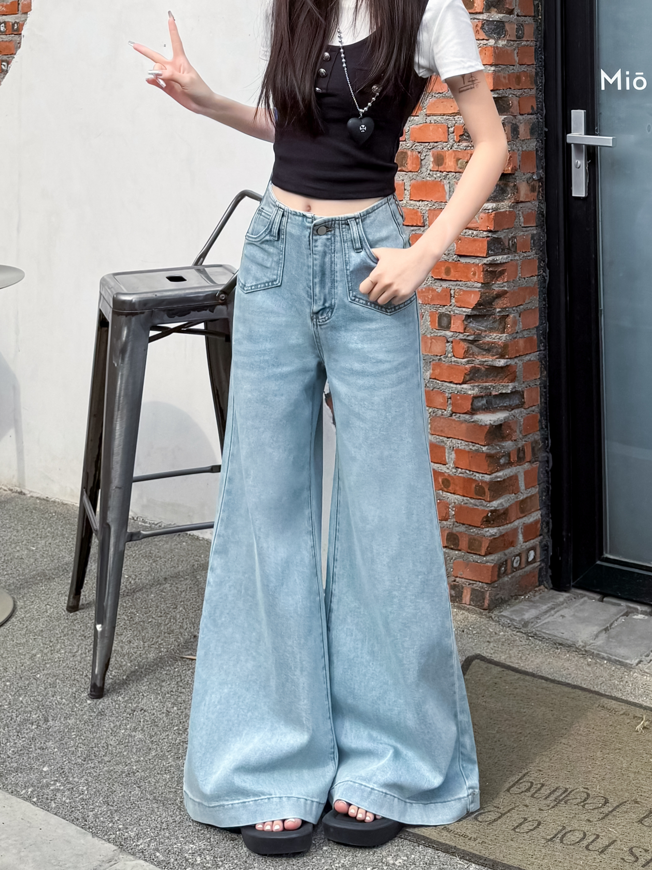 Real shot #New elastic jeans trousers for women with a micro-flare wide-leg big trousers and feet floor trousers