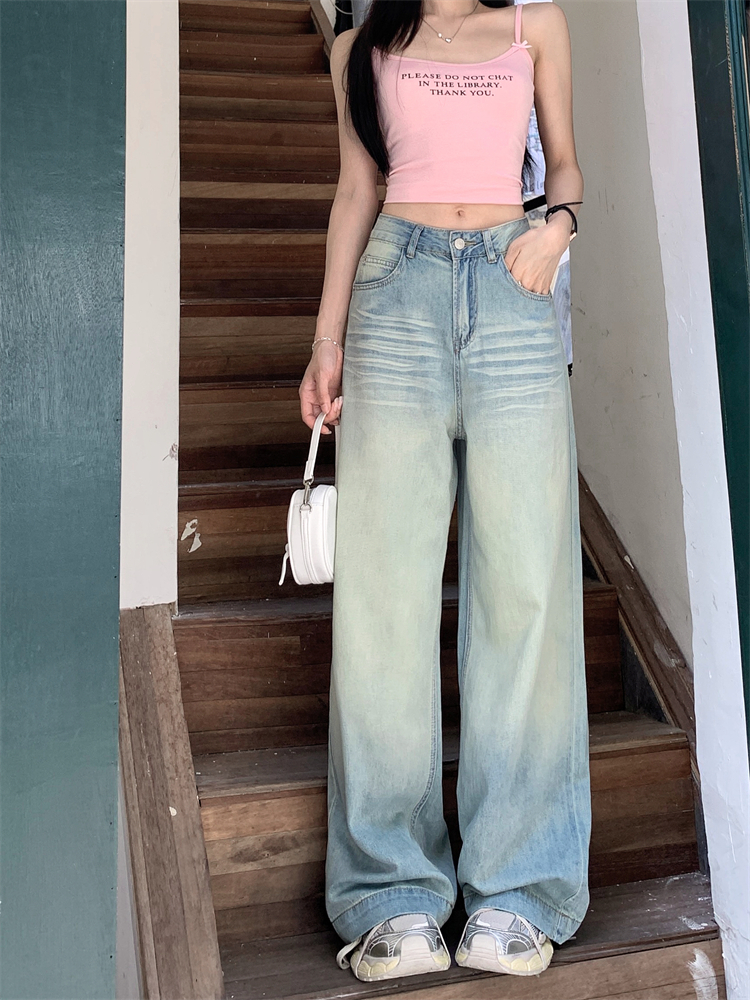 Real shot ~ American retro cat whisker wash jeans women's high waist straight wide-leg floor trousers