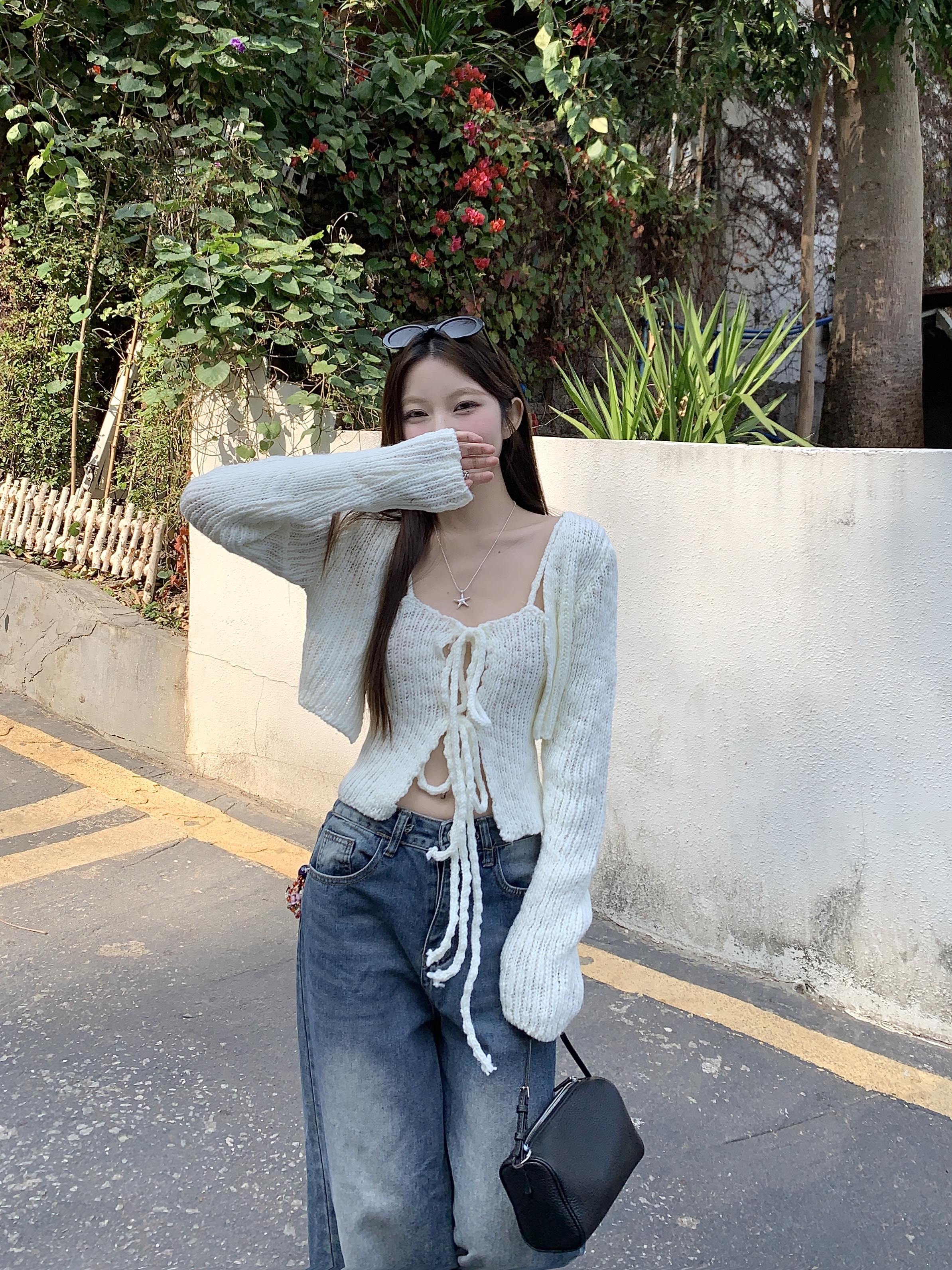 Real-life knitted cardigan suspender two-piece set for women's spring new hollow lace-up vest top set