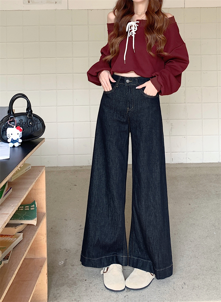 Real shot ~ New black and gold wide-leg jeans for women with high waist A-line slimming straight and versatile trousers