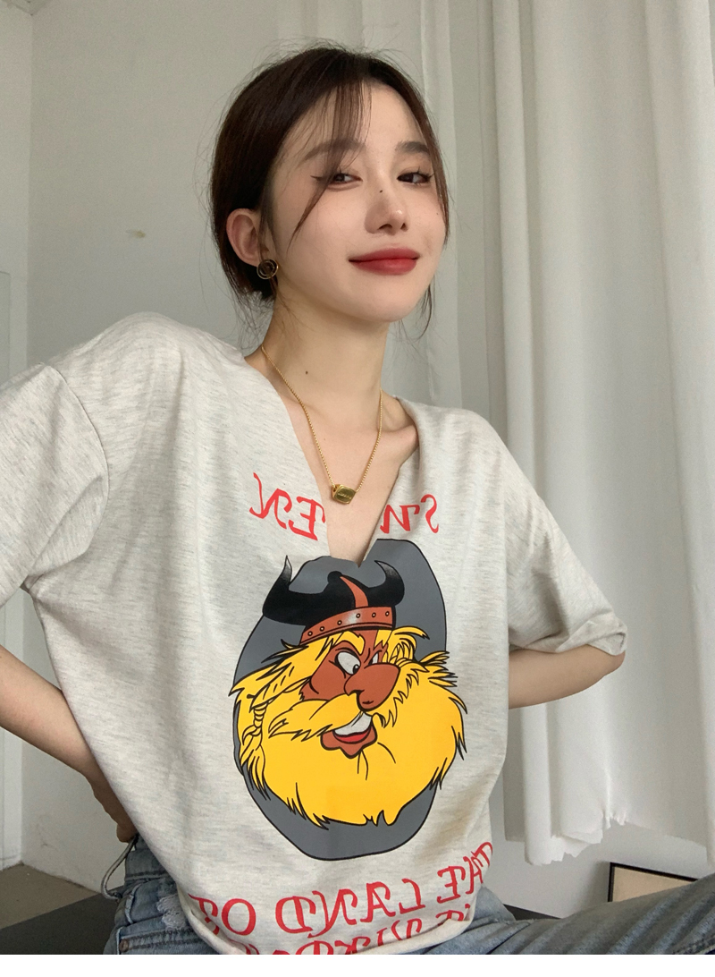 Korean foreign trade new style cotton pulling frame Hong Kong style retro v-neck printed gray short-sleeved T-shirt for women in summer loose