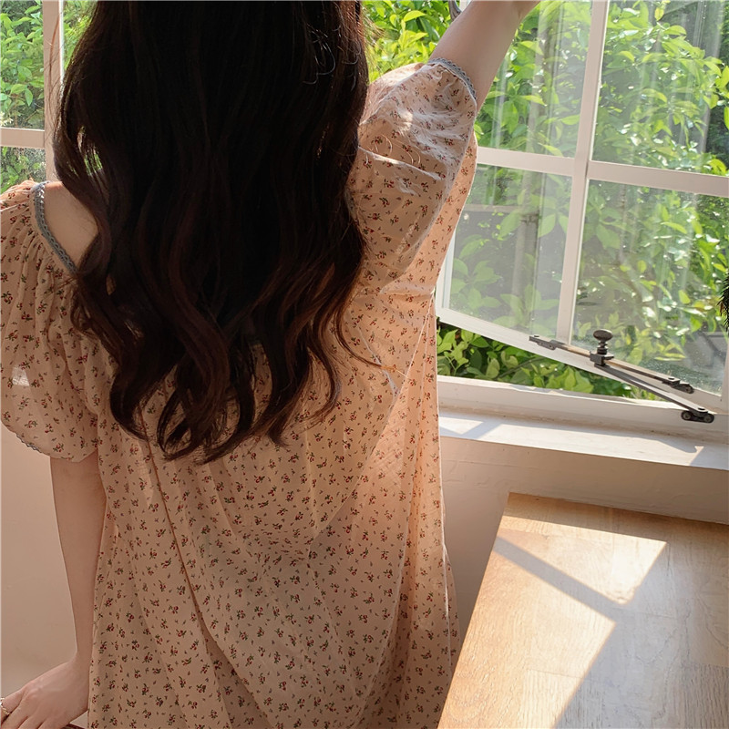 Real photo of simple cotton floral contrasting lace salt-style outer wear loose and comfortable short-sleeved home clothes pajamas skirt