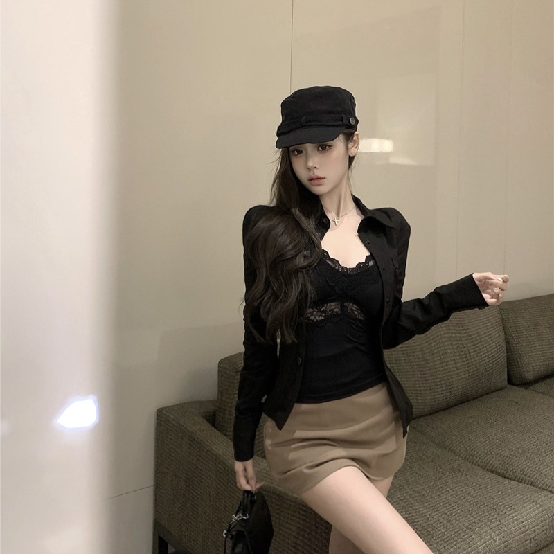 Real shot of waist-hugging shirt for women with retro versatile lapels slim body jacket