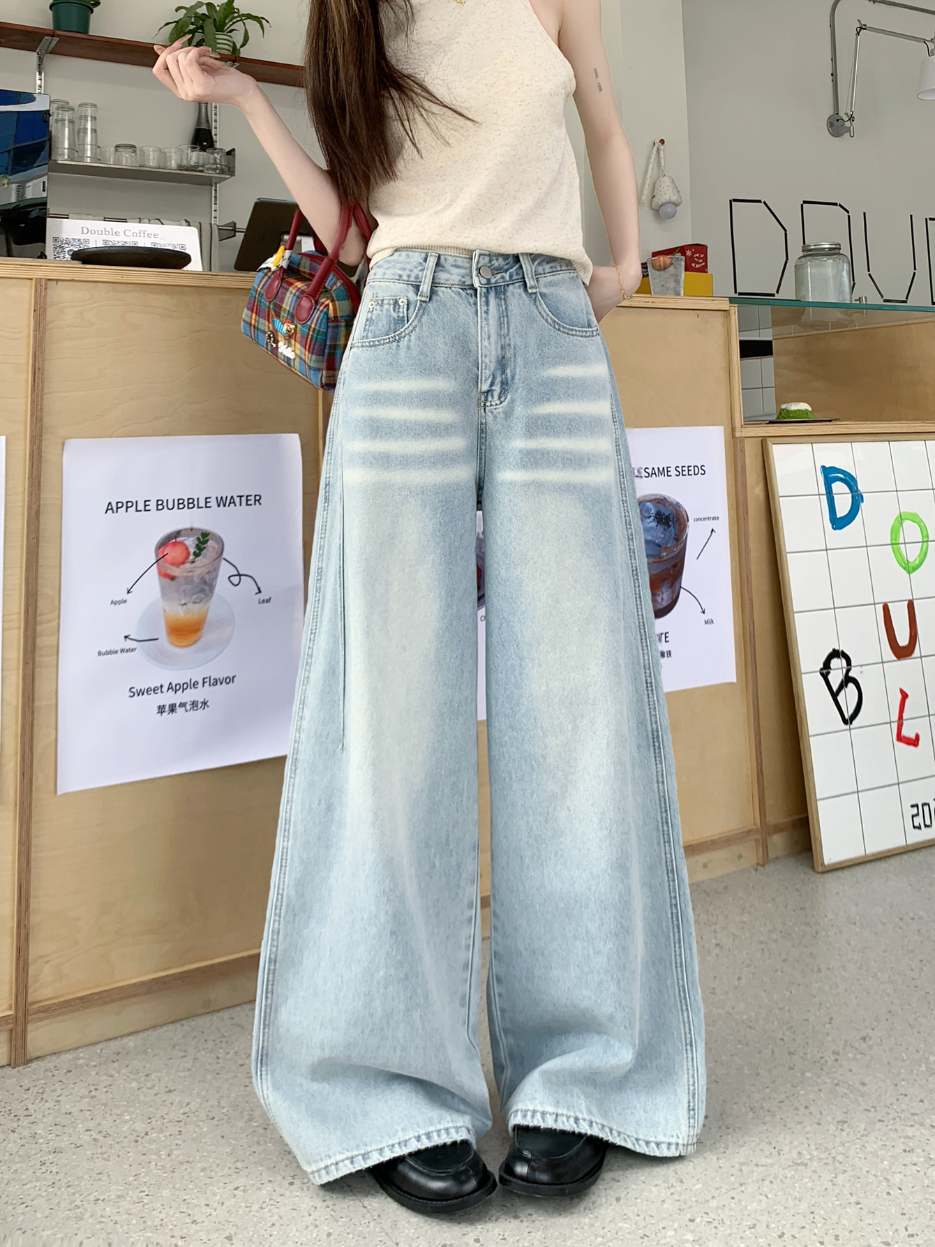 Real shot #New retro washing jeans women's loose straight-leg design wide-leg floor-sliding pants