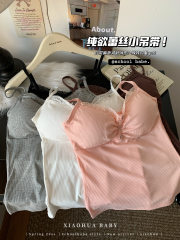 Real photos of pure desire lace splicing suspender vest with chest pads and slim fit to make a sexy girl base top