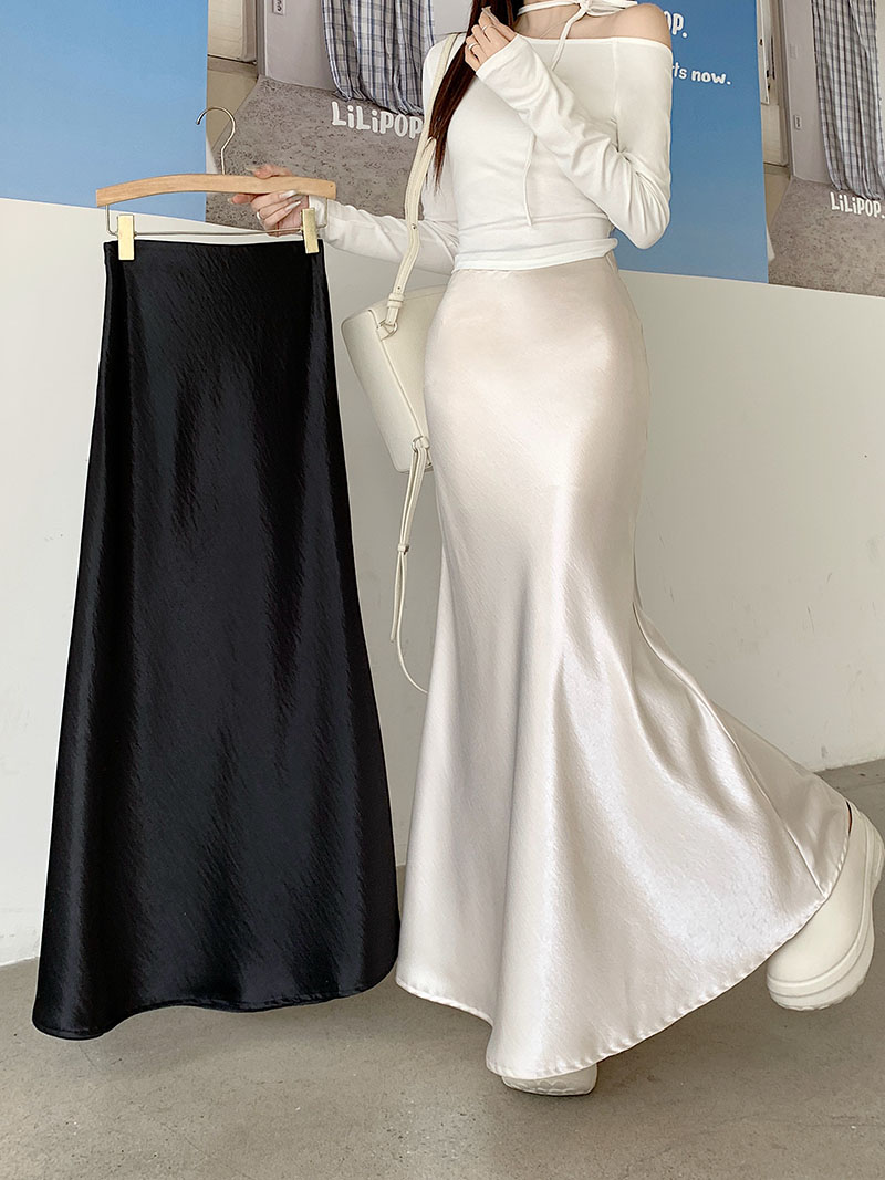 Real shot~2025 spring new Korean version of satin fishtail skirt elastic waist slimming French long skirt skirt
