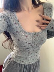 260克人棉莫代爾方領碎花長T恤純欲風百搭顯瘦甜辣妹正肩上衣