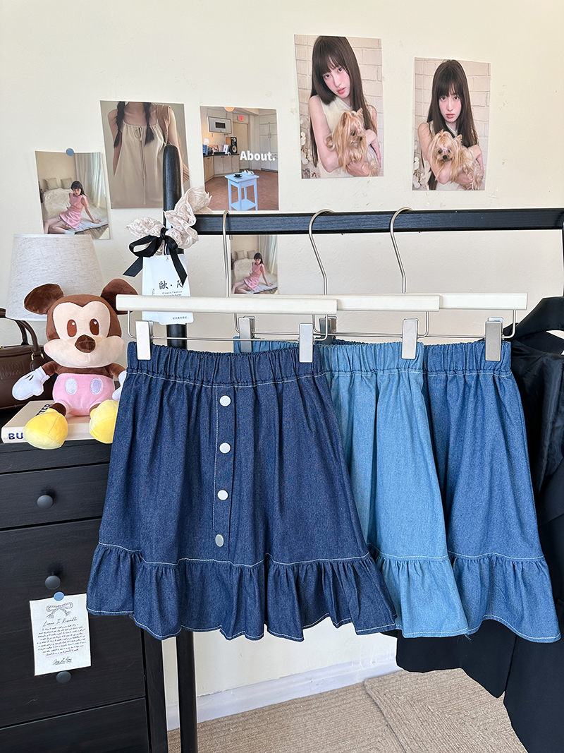 Real-life photography spring and summer solid buttons retro age-reducing sweet elastic high-waist denim skirt ruffled short skirt