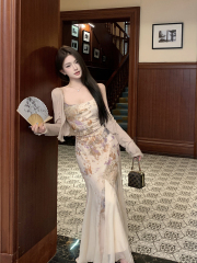 Real shot of retro sexy printed suspender step by step fishtail dress + versatile sun protection cardigan for women