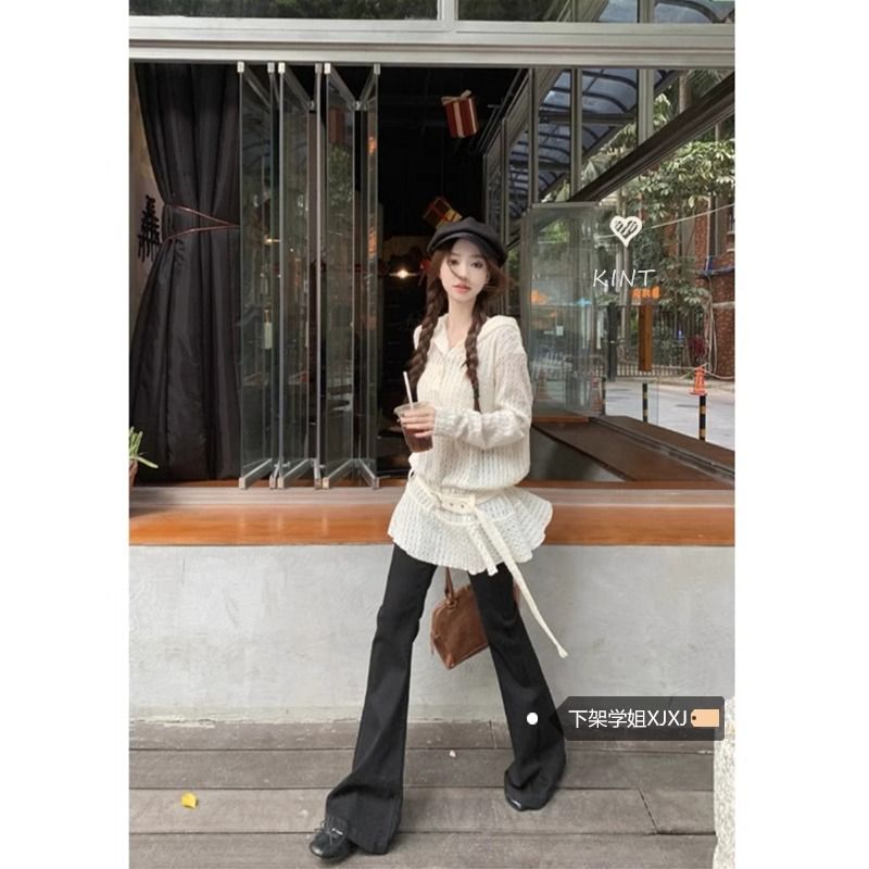 White hooded long-sleeved women's spring 2025 loose slim mid-length belt simple top