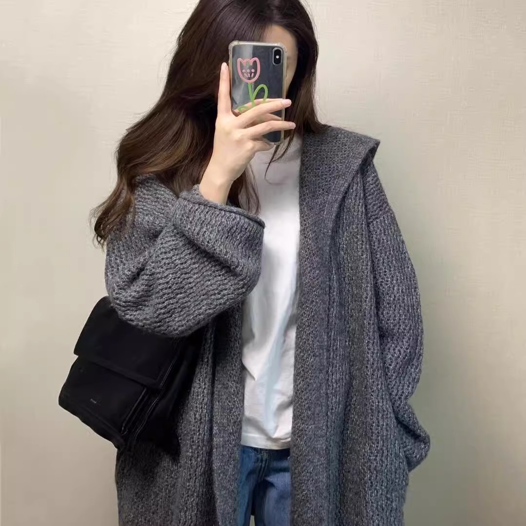 灰色中長款連帽毛衣女早春秋季韓系氣質寬鬆慵懶鬆弛感針織開衫