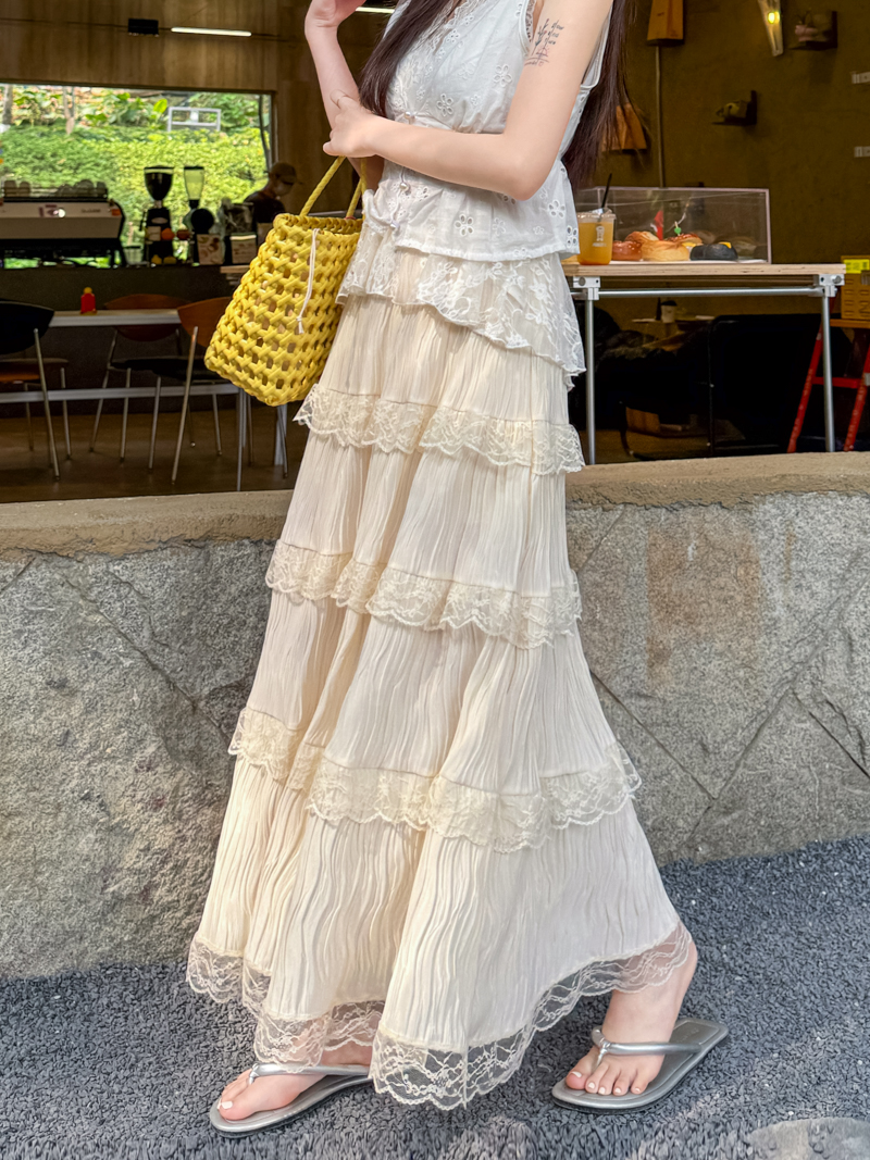 Real shot of spliced ​​A-line cake skirt for women mid-length 2025 spring high waist loose pleated long skirt