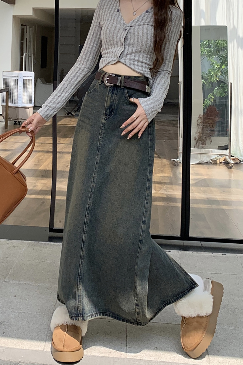 Real shot 2025 spring Korean version of women's denim skirt washing nostalgic denim A-line skirt long skirt