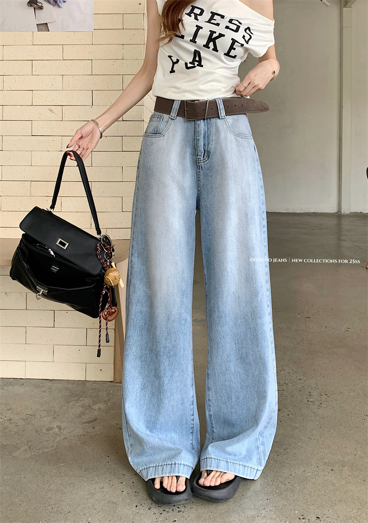 Real shot ~ American retro light-colored wide-leg jeans for women with high waist slim loose straight-leg trousers