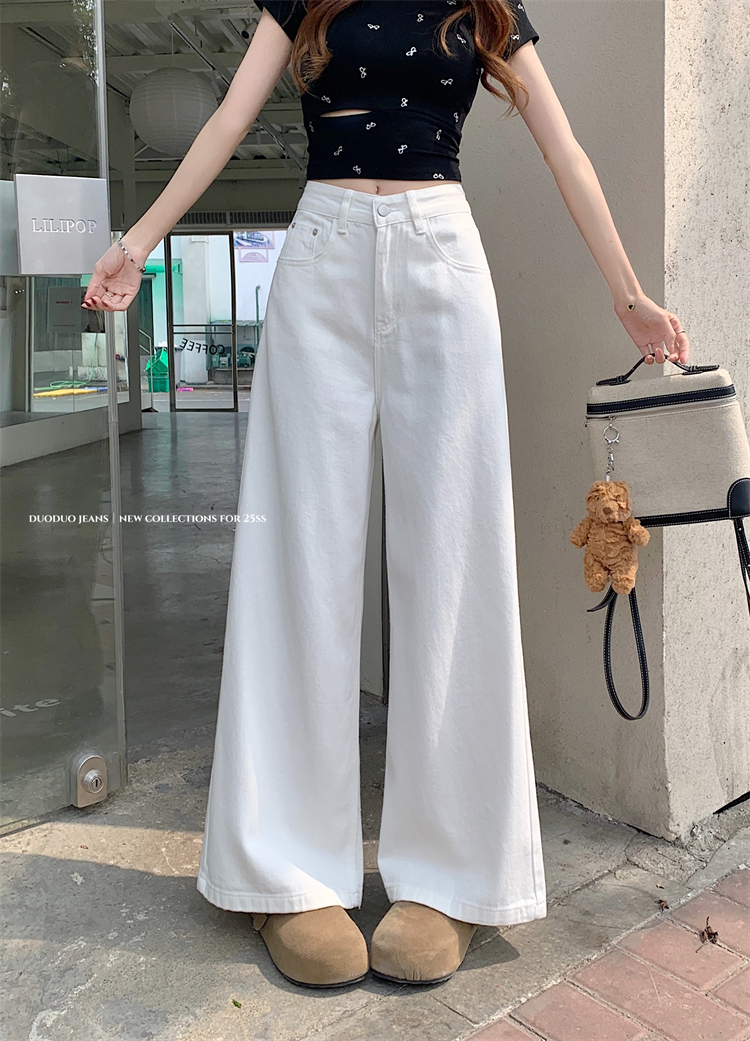 Real shot ~ American white wide-leg jeans for women with high waist loose slim straight-down draped floor trousers