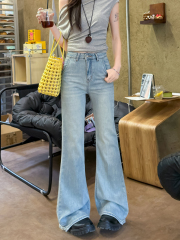 Real shot #New style of micro-stretched denim trousers for women with retro washing design wide-leg micro-flare floor trousers