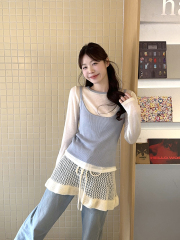 Real shot~ The new Korean style of early spring versatile thin round neck sweater suspender vest two-piece top for women