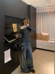 1*1 260克隨心裁純欲風蕾絲拼接露肩長袖T恤冬季新款修身上衣