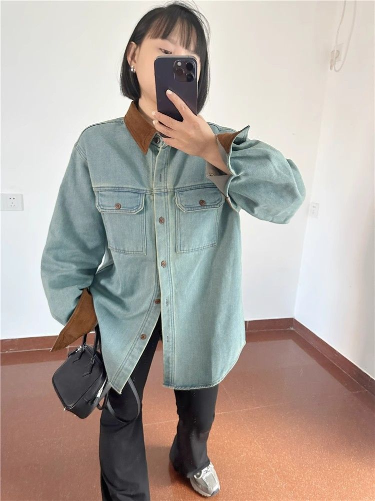 Hong Kong style retro contrasting lapel spliced ​​denim shirt for women in autumn high-end double pocket loose age-reducing top trendy