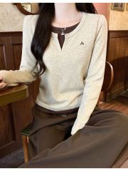 假兩件長袖T恤女正肩春秋獨特别致設計感百搭顯瘦上衣