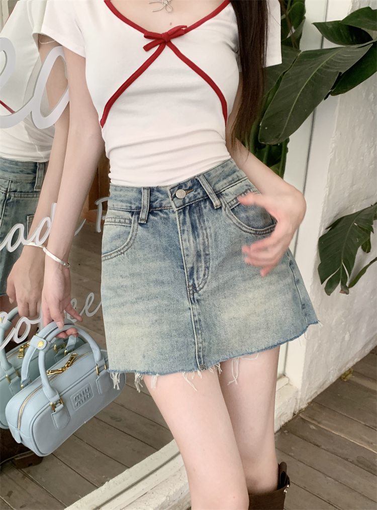 Real shot ~ American retro fur-edged denim skirt women's high waist slim A-line hip-packing anti-light skirt pants