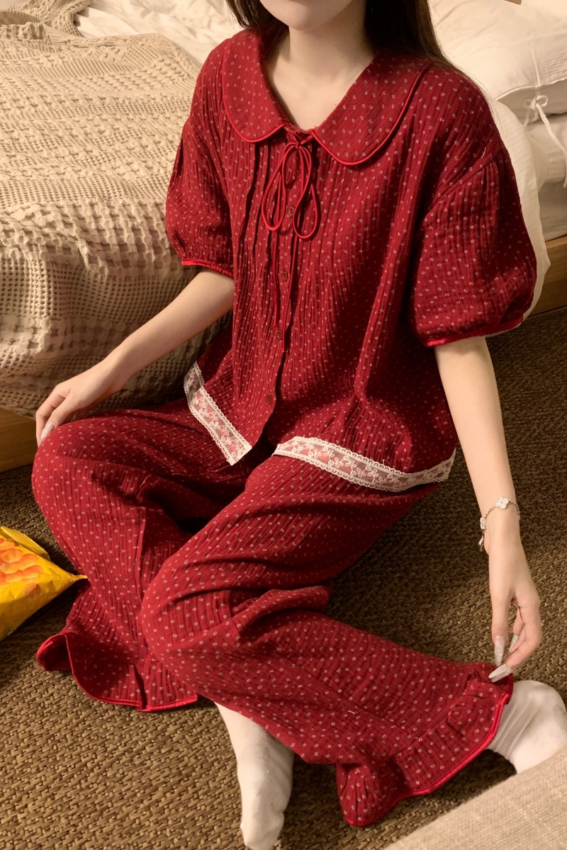 Real shot Korean version sweet, fresh, loose, breathable, soft double yarn short-sleeved summer home wear suit